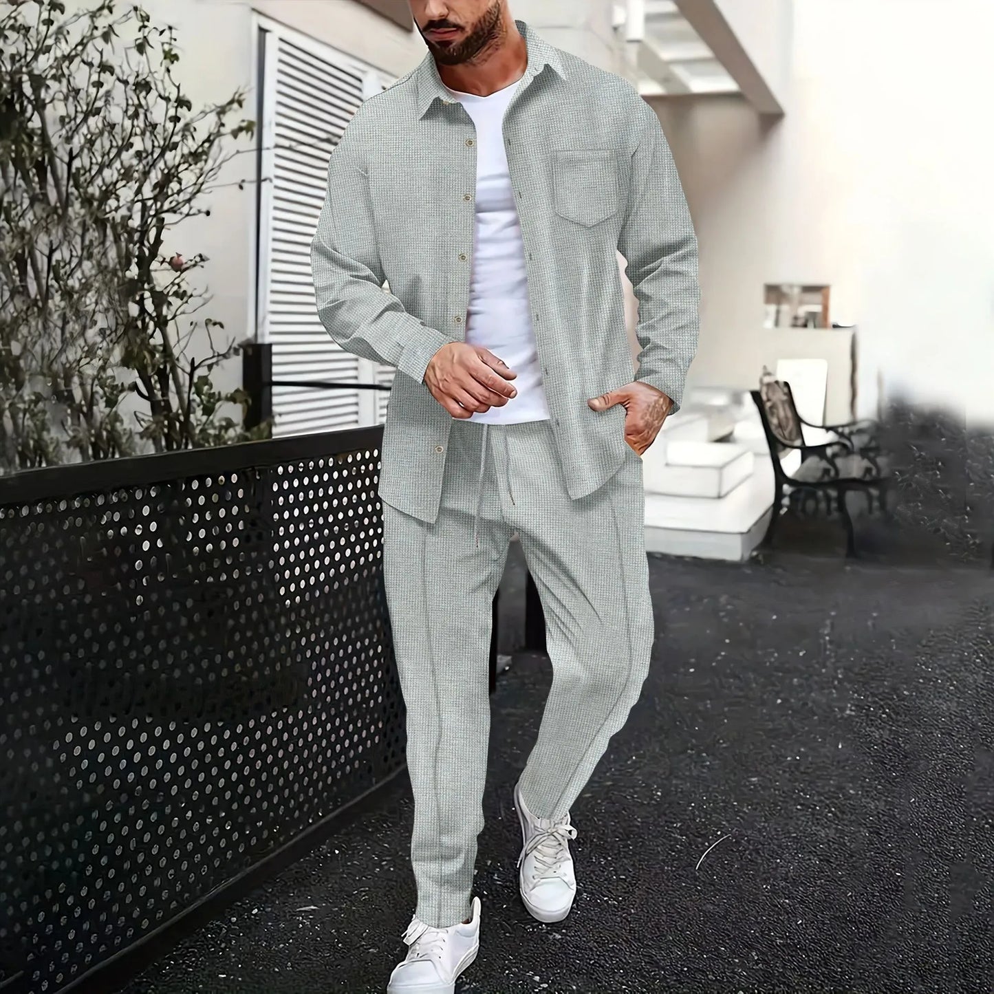 2025春秋季新款男士日常休閒華夫格開襟衫長袖襯衫兩件套褲子