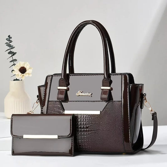 Casual shoulder women's bag simple large-capacity mother and child bag bright leather fashion portable two-piece bag