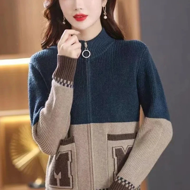 Sping Autumn New Women Sweaters Coats Stand Collar Zipper Contrast Color Pocket Fashion All-match Long Sleeve Cardigan Knit Tops