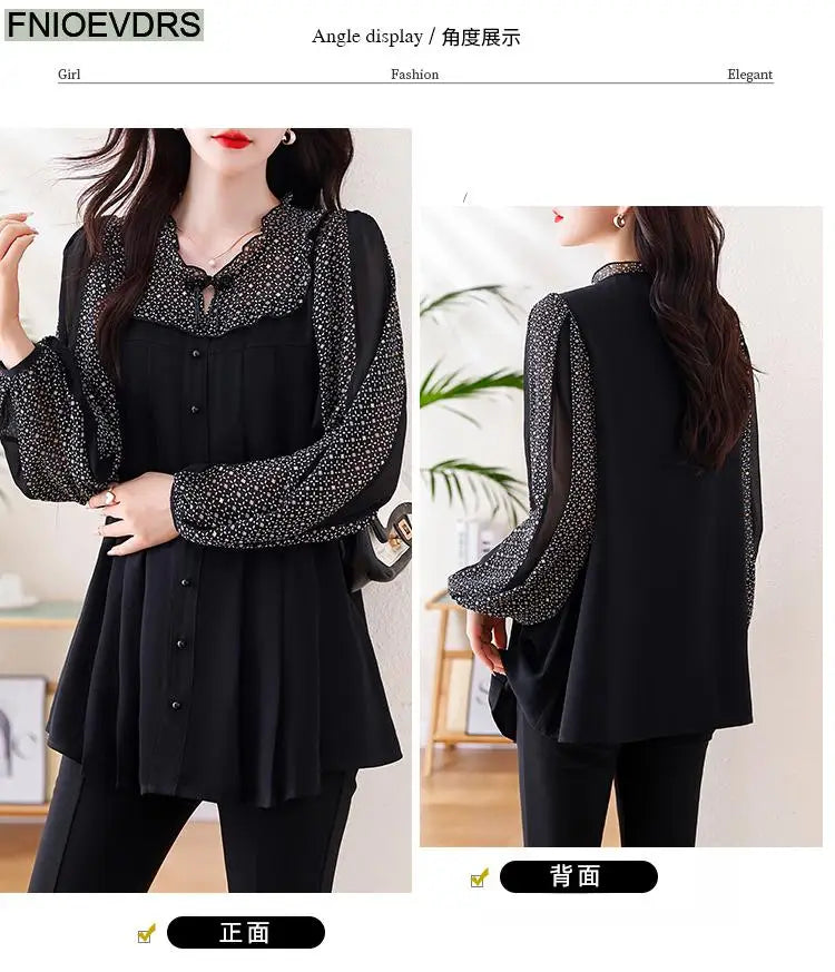 Loose Clothes Women 2024 Autumn Elegant Office Lady Casual Button Shirts Fake Two Piece Retro Vintage Bling Tops Blouses