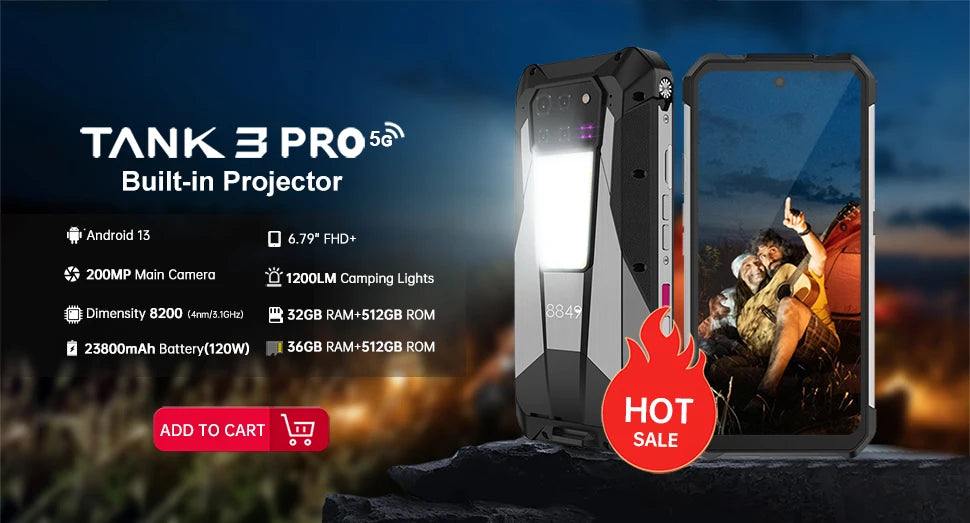 8849 Tank 2 PRO Unihertz Rugged Smartphone 24GB 512GB 100MP Rear Camera 23800mAh 120W Android 14 Dual Sim NFC OTG Cell Phone
