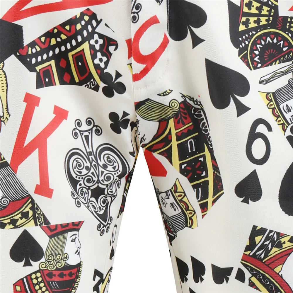 Thin Mens Suit Two Piece,Poker Pattern Printed Decorative Jacket With Trousers,Fashion Casual Men Sets