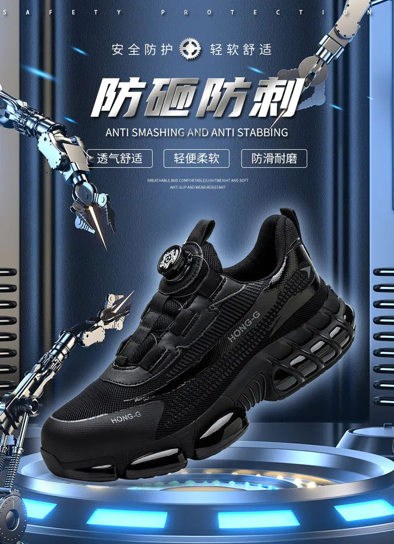 Rotating Button Work Sneaker Air Cushion Steel Toe Safety Boots Anti-Smash Work Shoes Indestructible Protective Safety Shoes Men