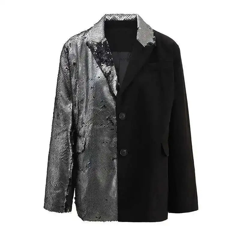 EAM Black Color-block Sequins Big Size Blazer Women New Lapel Long Sleeve Jacket Fashion Tide Spring Autumn 2025 CPG1490