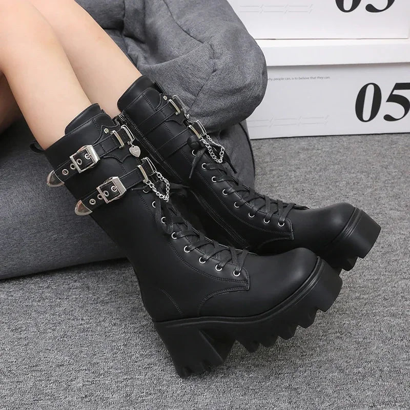 Autumn Women Punk Style Platform Mid-calf Boots Thick Sole Leather Motorcycle Boots 9CM Chunky Metal Buckle Short Boots Woman
