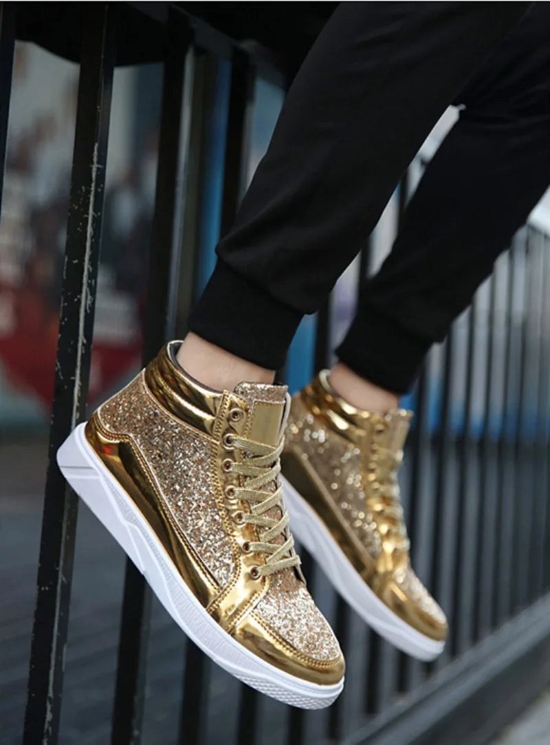 Men's Boots Nightclubs Fashiona Sequins With Diamonds Gold Leather Boots Trendy High Top Sports Casual Shoes Large Size 38-48
