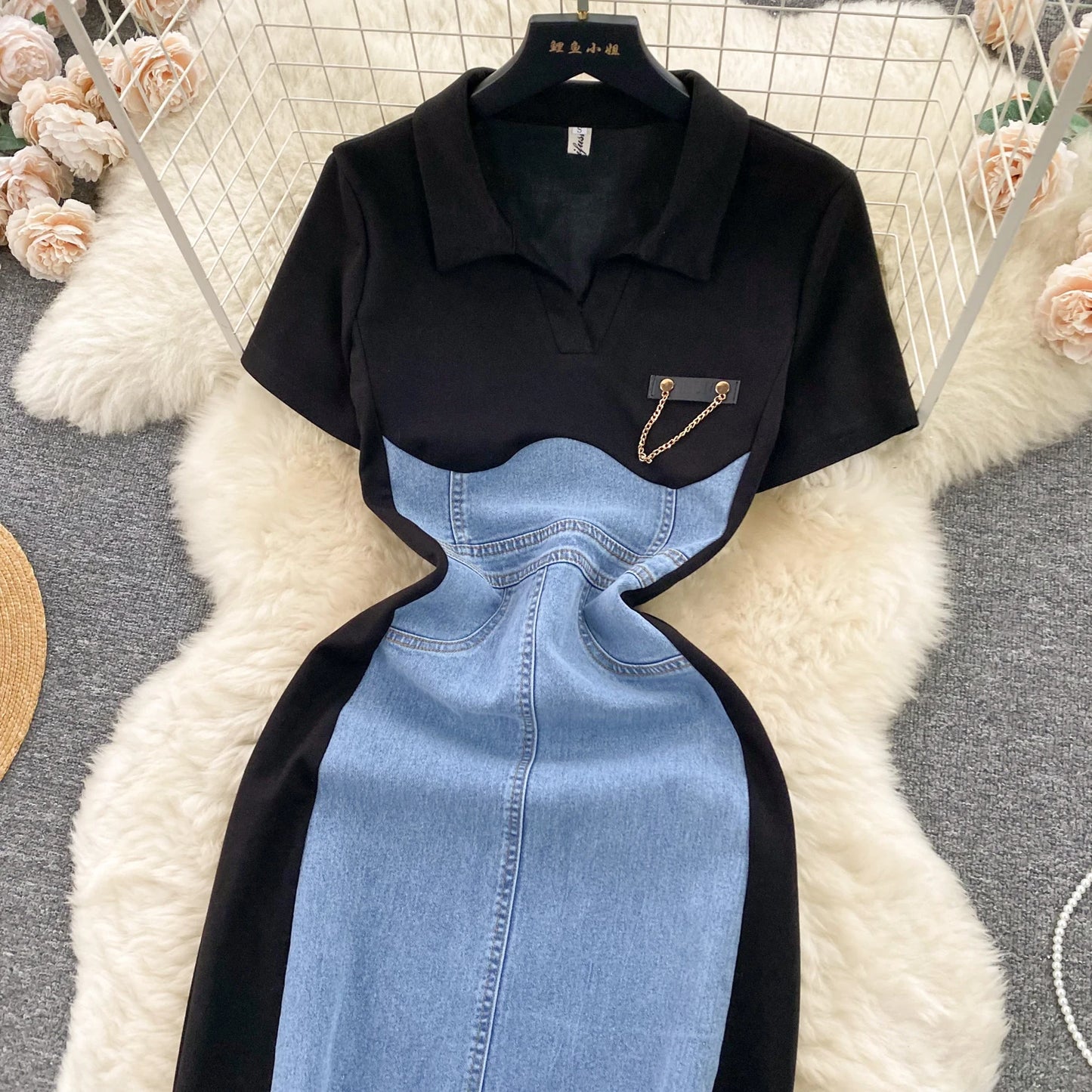 High Waist Bodycon Vestidos Mujer Women 2025 Dresses Contrast Fake Two Piece Dress Casual Fashion Vestido Temperament Robes