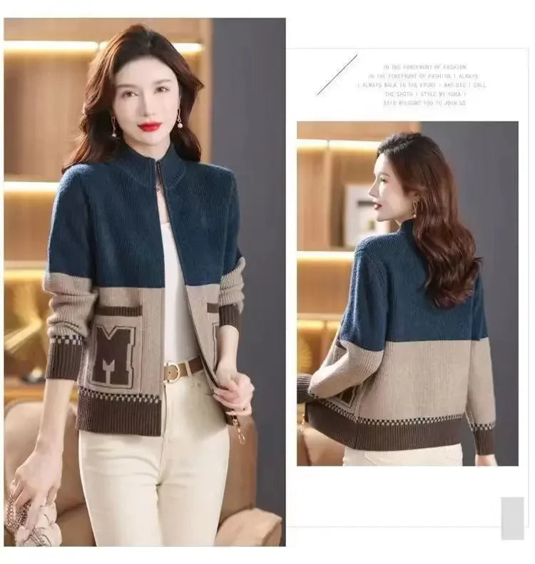 Sping Autumn New Women Sweaters Coats Stand Collar Zipper Contrast Color Pocket Fashion All-match Long Sleeve Cardigan Knit Tops