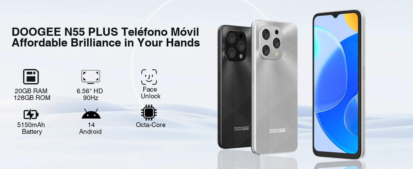 Doogee N55 Plus Smartphone 6.56" 90Hz Ips 8Gb Ram + 128Gb Rom 5150Mah Battery Android 14 Cell Phone Face Unlock Widevine L1