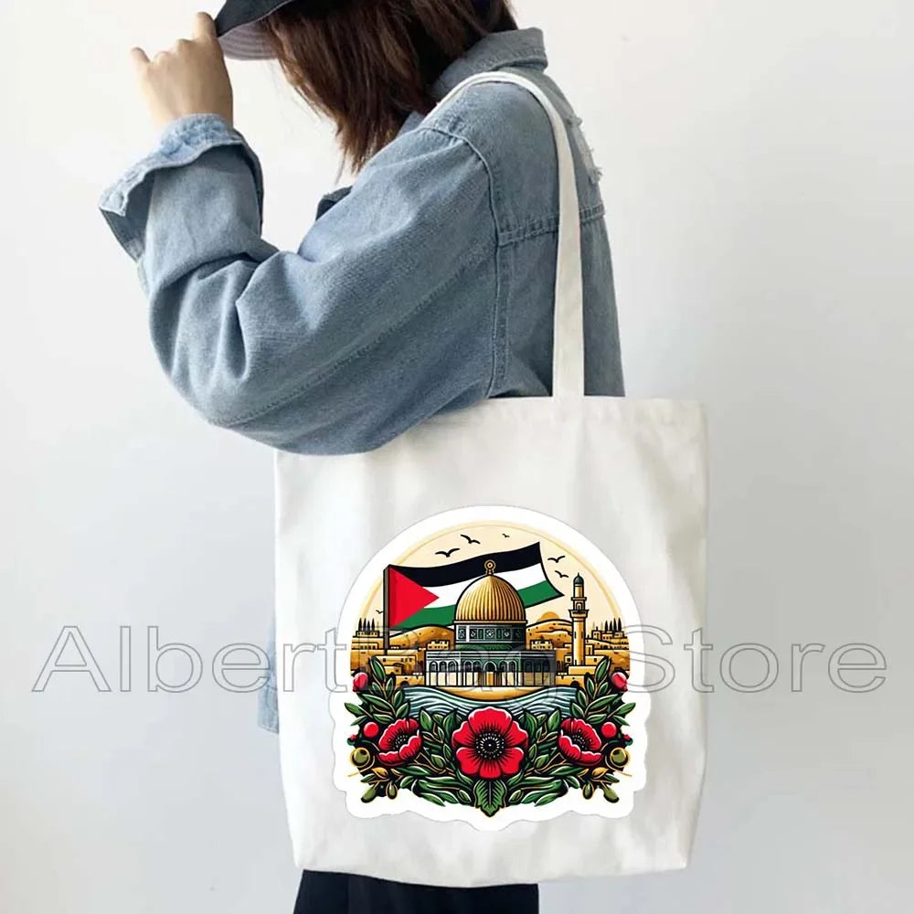 Peace Gifts Al Aqsa Keffiyeh Canvas Tote Bags Olive Tree Jerusalem Dome of The Rock Shopping Fashion Shoulder Organizer Handbag