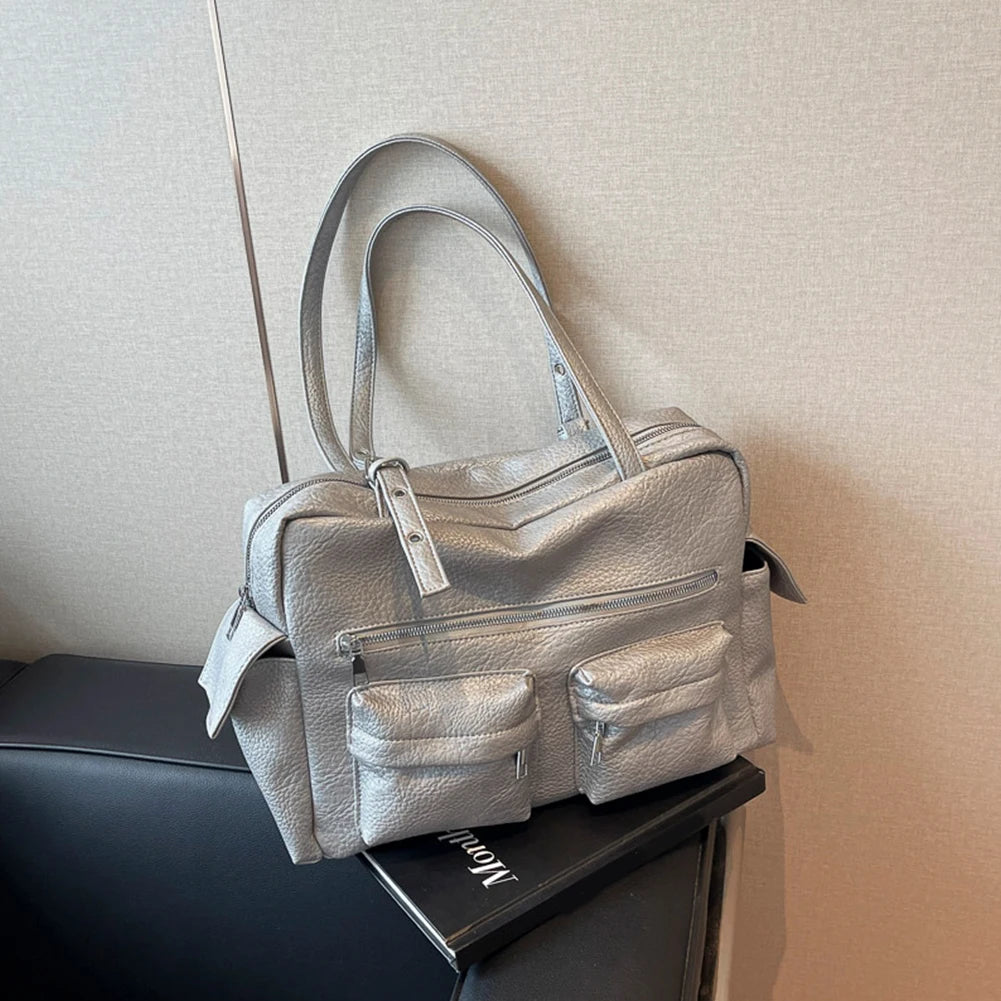 2024 Women PU Leather Shoulder Bag Multi-Pockets Underarm Bag Solid Versatile Commuting Handbag Adjustable Strap Armpit Tote Bag