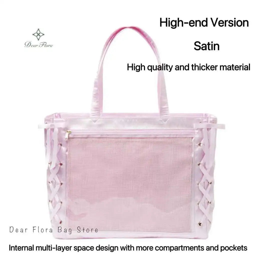 Japanese Sweet Women Ribbon Ita Bag Cute Lolita Girl Transparent Handbags Fashion Large Capacity Tote Bag Aesthetic Shoulder Bag