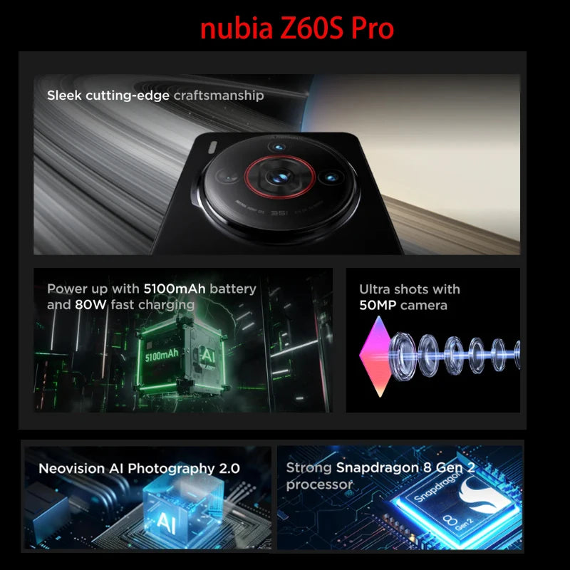 Nubia Z60S Pro 6.78" Smartphone Snapdragon 8 Gen 2 5100mAh Battery 80W charge satellite communication AI Phone Global Version