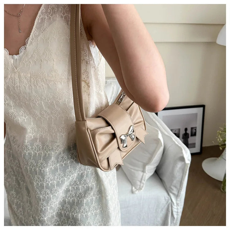Sweet Bow Small Underarm Bag for Women Fashion PU Leather Ladies Portable Shoulder Bags Solid Color Female Clutch Handbags
