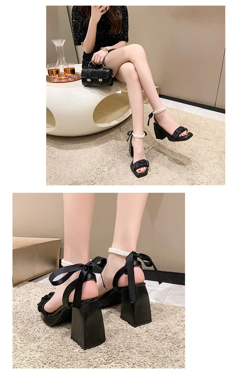 Comfort Shoes for Women Pearl Sandals Suit Female Beige Increasing Height Block Heels All-Match Black Bow 2024 Fashion Chunky Gi