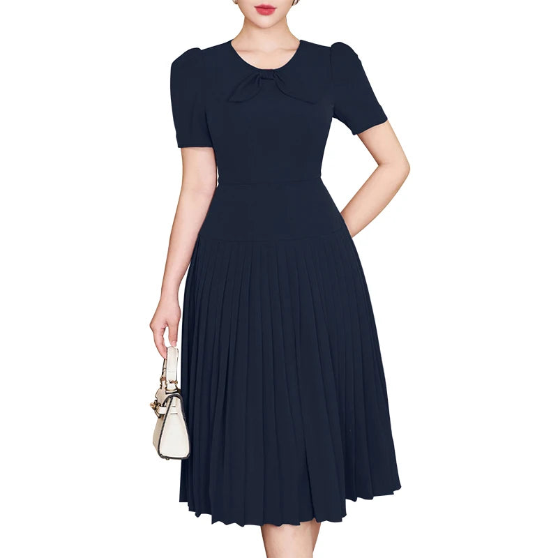ZANZEA Short Sleeve Korean Fashion Party Dress Elegant Solid Waist-Cinched Pleated A-line Robes Women O Neck Knee-length Dress