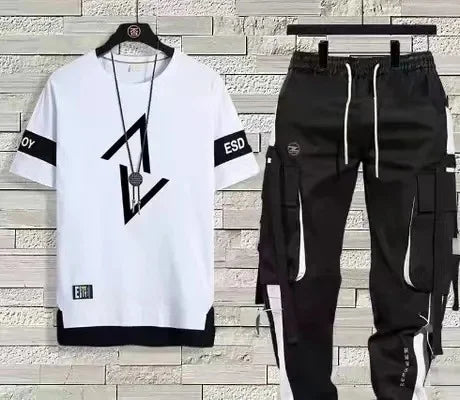 男士夏季薄款短袖休閒褲運動套裝寬鬆半袖T卹一件套中國大陸產