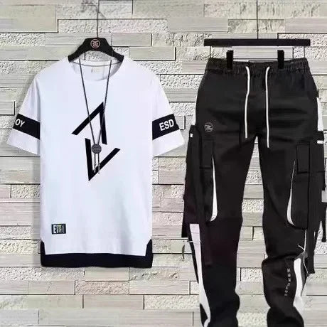 男士夏季薄款短袖休閒褲運動套裝寬鬆半袖T卹一件套中國大陸產