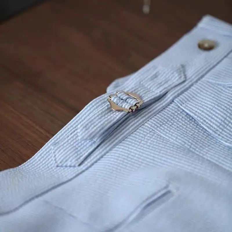 義式那不勒斯西裝褲男士藍條紋泡泡紗高腰巴黎扣褲時尚英倫商務休閒褲