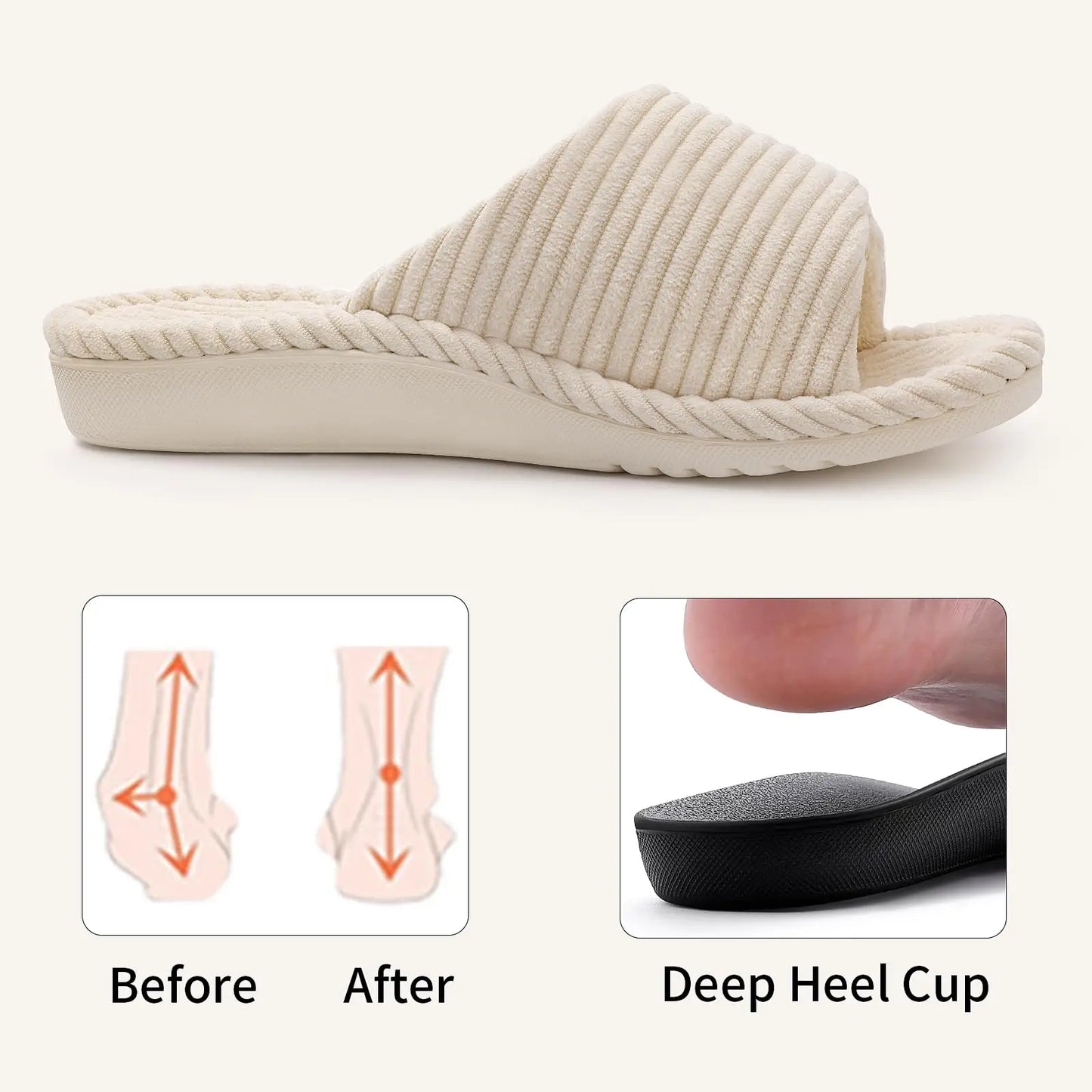 Litfun Women Orthopedic Home Slippers Fashion Open Toes Cozy Fur Flip-flops Indoor Flat Slides With Arch Support Cotton Slippers