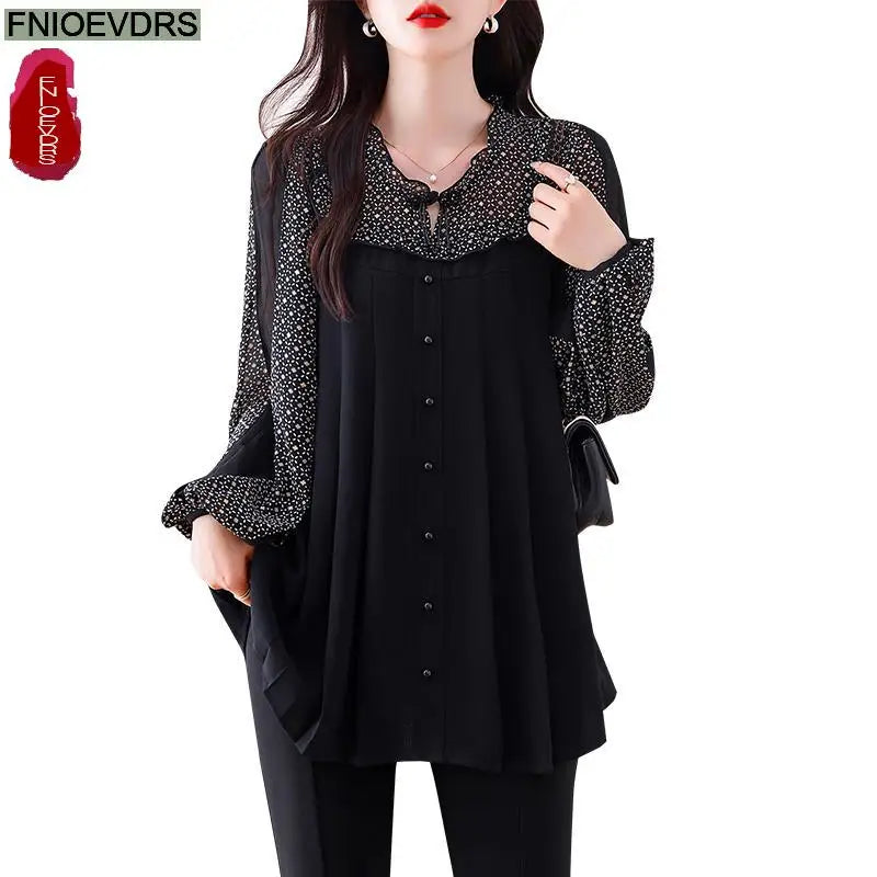 Loose Clothes Women 2024 Autumn Elegant Office Lady Casual Button Shirts Fake Two Piece Retro Vintage Bling Tops Blouses