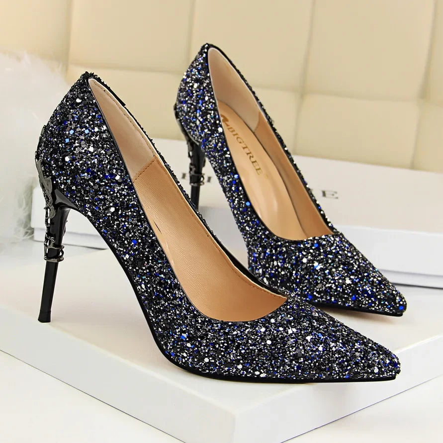 Women 9.5cm High Heels Pumps Lady Wedding Bridal Gold Silver Stiletto Heels Nightclub Event Party Sparkly Sequins Bling Shoes