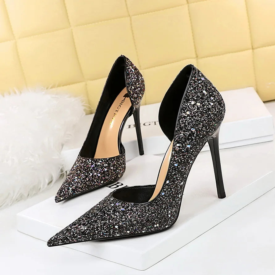 BIGTREE Women 7cm 11cm Super High Heels Blue Gold Pumps Sexy Sequins Bling Low Heels Lady Scarpins Luxury Stiletto Sparkly Shoes