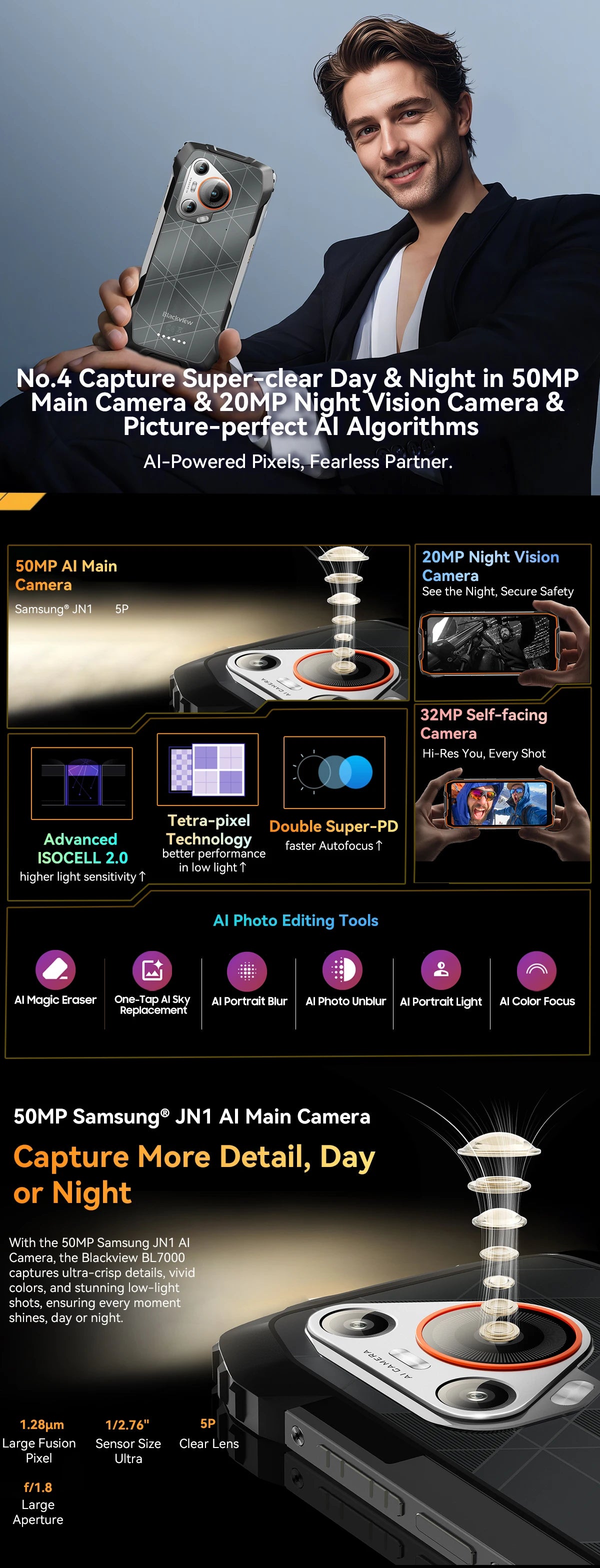 BLACKVIEW BL7000 5G AI Rugged Phone Deepseek GPT Android 15 Smartphone, 6.78" HD+2.4K Display 120Hz, 24(8+16)GB 256GB, 7500Amh