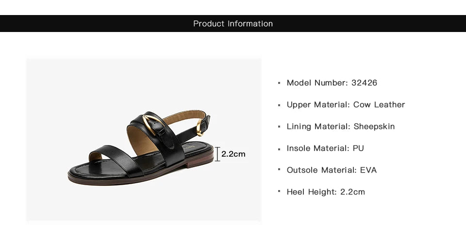 BEAUTODAY Flat Sandals Genuine Leather Metal Buckle Decro Slingback Low Heel Summer Retro Ladies Shoes 32426