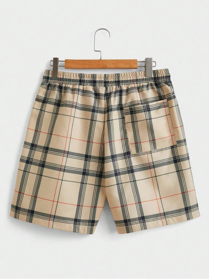 街頭休閒男士西裝個性時尚格紋印花圖案短袖翻領襯衫短褲男式兩件套