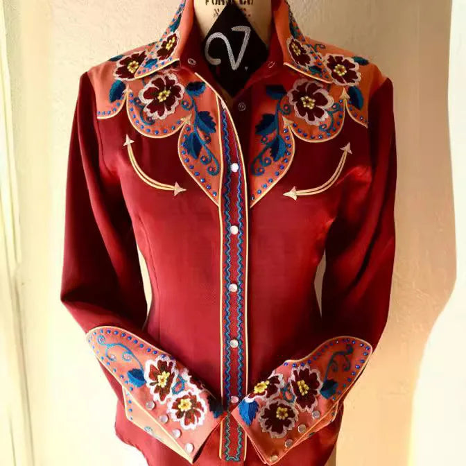 Women Vintage Print Long Sleeve Button Down Slim Shirt 2024 Spring Lady Retro Blouse Tops