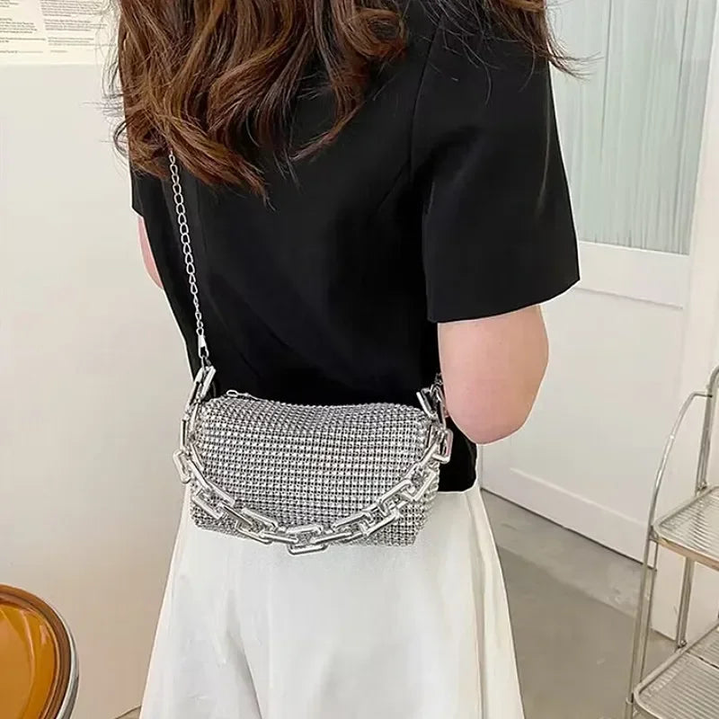 Allover Rhinestone Bucket Bag, Glitter Chain Prom Purse, Women's Mini Crossbody Bag