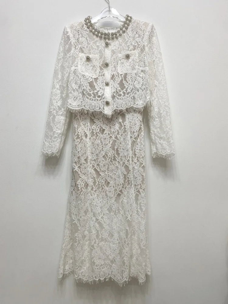 Luxury Lace Long Dress 2 Piece Sets Women 2025 Summer Holiday Hollow Out Embroidery Crystal Beaded Jackets Tops Maxi Skirt Suits