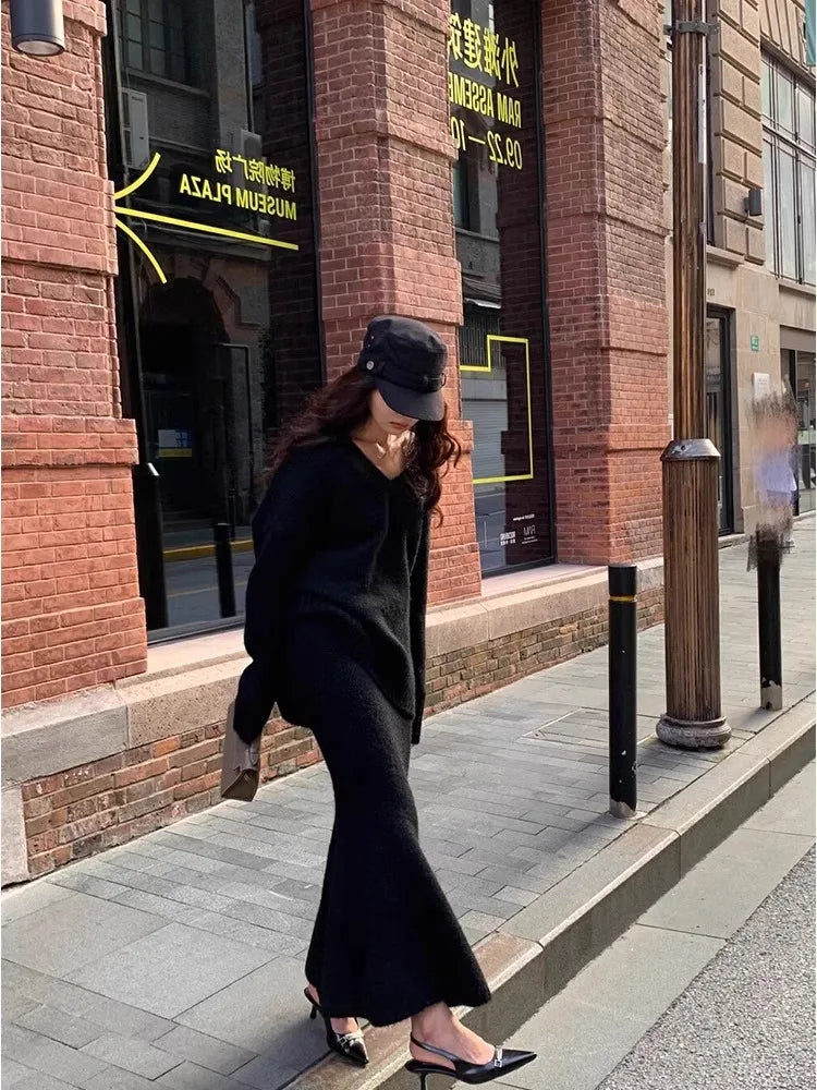Elegant Solid Sweater Skirts Suits for Women Autumn Winter Fashion V-Neck Pullover Knitted Top Loose Skirt Casual Two Pieces Set