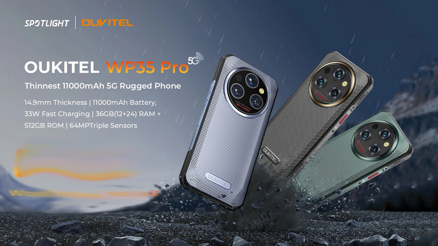 Oukitel WP35 PRO 5G Rugged Smartphone 11000mAh MediaTek Dimensity 6300 36GB 512GB 6.6" 2.4K Display 64MP Camera 33W Cell Phone