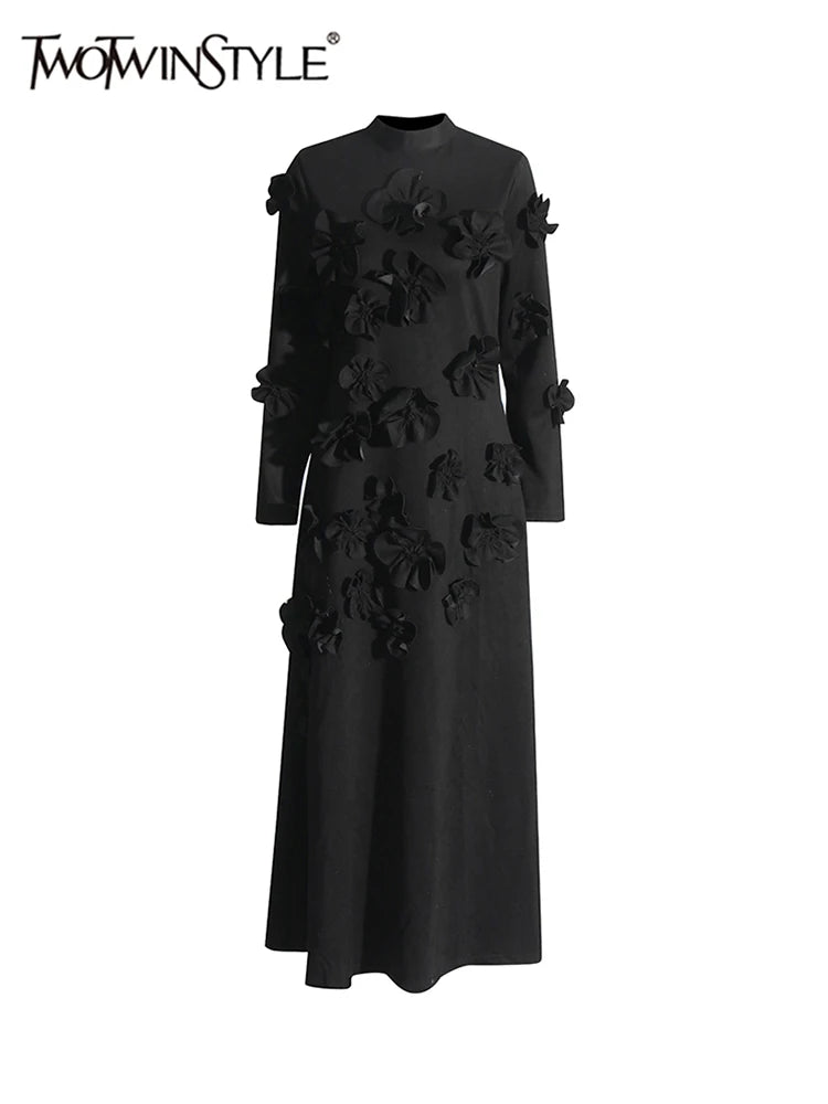 TWOTWINSTYLE Solid Spliced Appliques Slimming Dresses For Women Half High Collar Long Sleeves A Line Temperament Dress Female