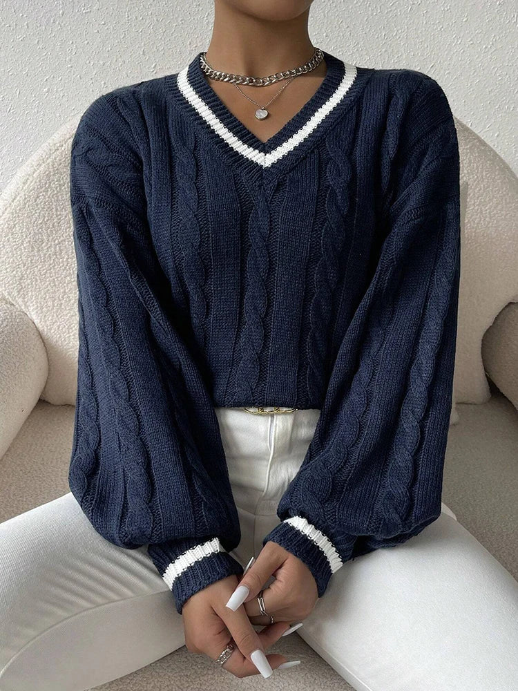 Fashionable and elegant V-neck top Women's Fried Dough Twists intercolor knitwear Long sleeve loose