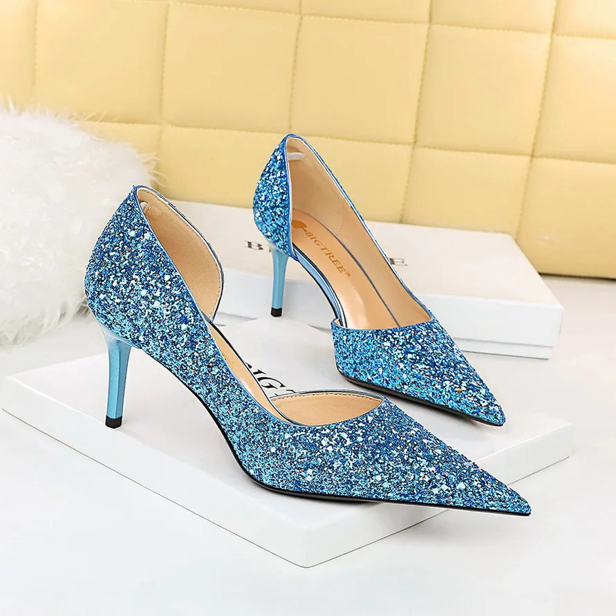 BIGTREE Women 7cm 11cm Super High Heels Blue Gold Pumps Sexy Sequins Bling Low Heels Lady Scarpins Luxury Stiletto Sparkly Shoes