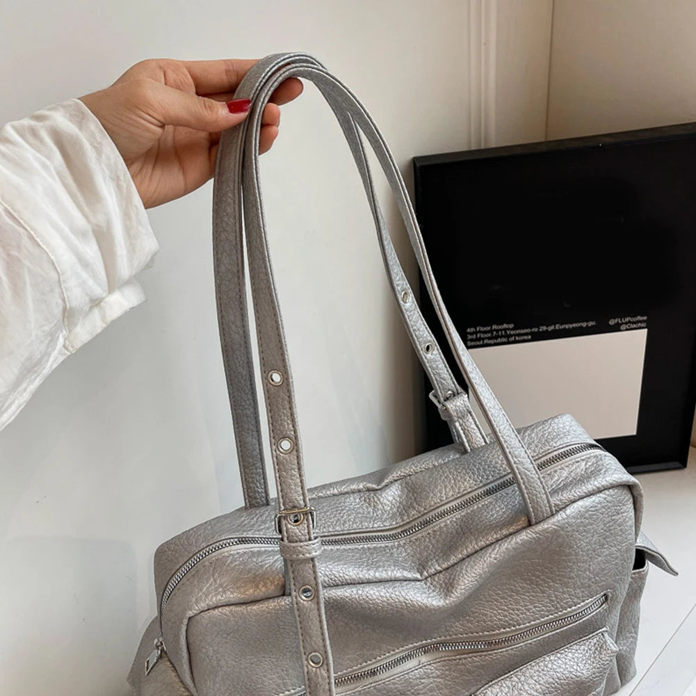 2024 Women PU Leather Shoulder Bag Multi-Pockets Underarm Bag Solid Versatile Commuting Handbag Adjustable Strap Armpit Tote Bag