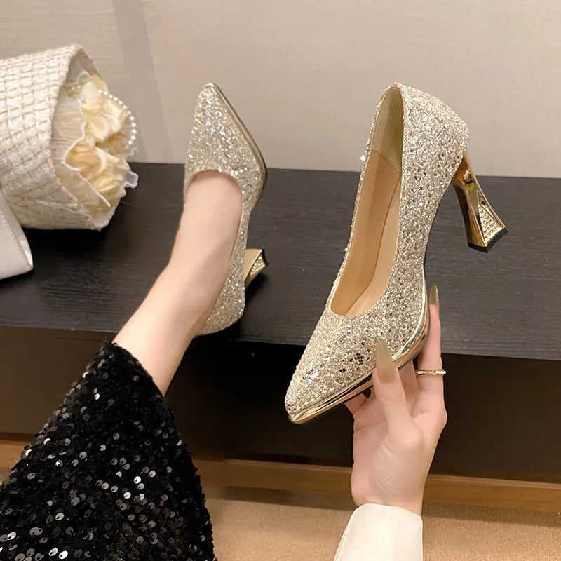 Fashion Sequined Women Pumps 2024New Women's Shoes Pointed Toe Shallow Mouth Shoes Female Comfort Women High Heels spring autumn