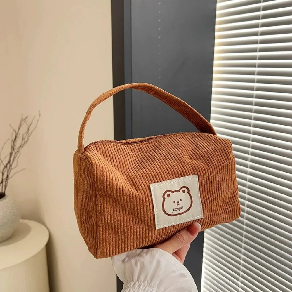 Corduroy Totes Bag Women Ladies Corduroy Shoulder Bag Cute Teddy Bear Pattern Cartoon Embroidery Casual Shoulder Tote