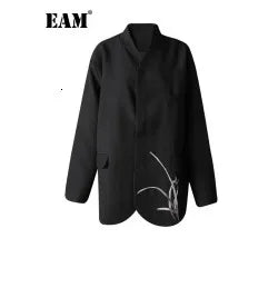 EAM Black Color-block Sequins Big Size Blazer Women New Lapel Long Sleeve Jacket Fashion Tide Spring Autumn 2025 CPG1490