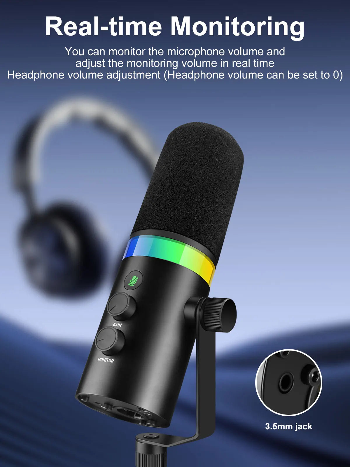 SEMNLAN USB/XLR Dynamic Microphone Touch-mute Headphone Jack&Volume Control,for Youtube PC Game Sound Card Recording Metal -LM20