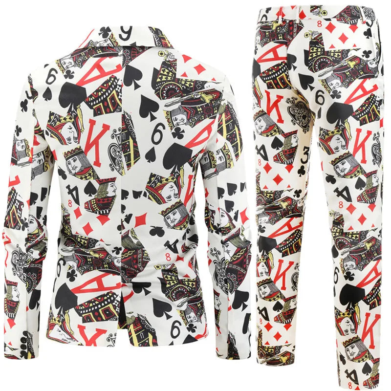 Thin Mens Suit Two Piece,Poker Pattern Printed Decorative Jacket With Trousers,Fashion Casual Men Sets