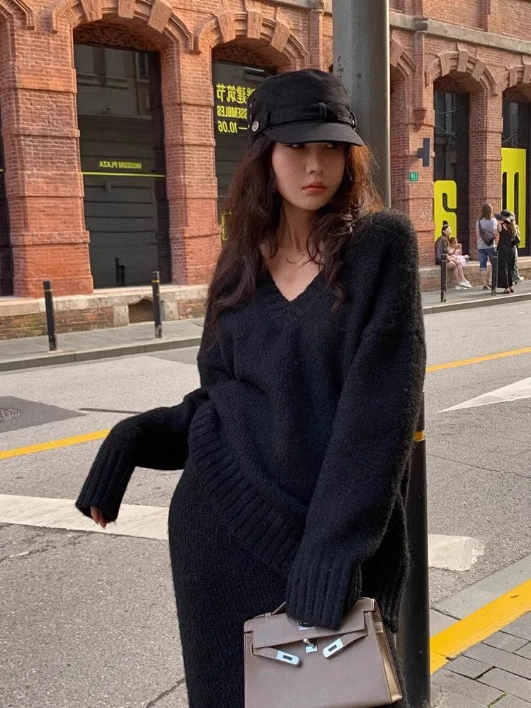 Elegant Solid Sweater Skirts Suits for Women Autumn Winter Fashion V-Neck Pullover Knitted Top Loose Skirt Casual Two Pieces Set