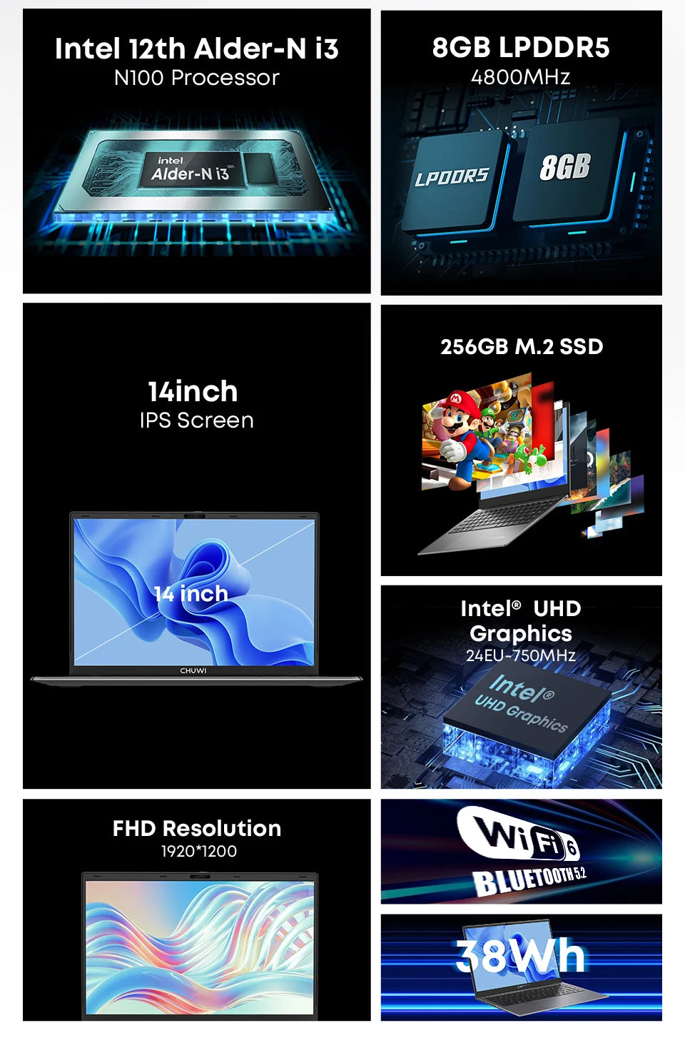 CHUWI GemiBook XPro 14.1 Inch Laptop Intel 12th N100 8GB DDR5 256GB SSD Windows 11 1920*1080 16:9 Screen WiFi 6 BT5.2 38Wh