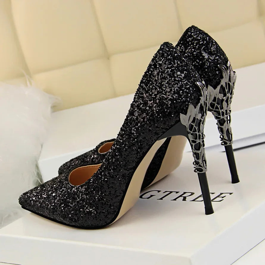 Women 9.5cm High Heels Pumps Lady Wedding Bridal Gold Silver Stiletto Heels Nightclub Event Party Sparkly Sequins Bling Shoes