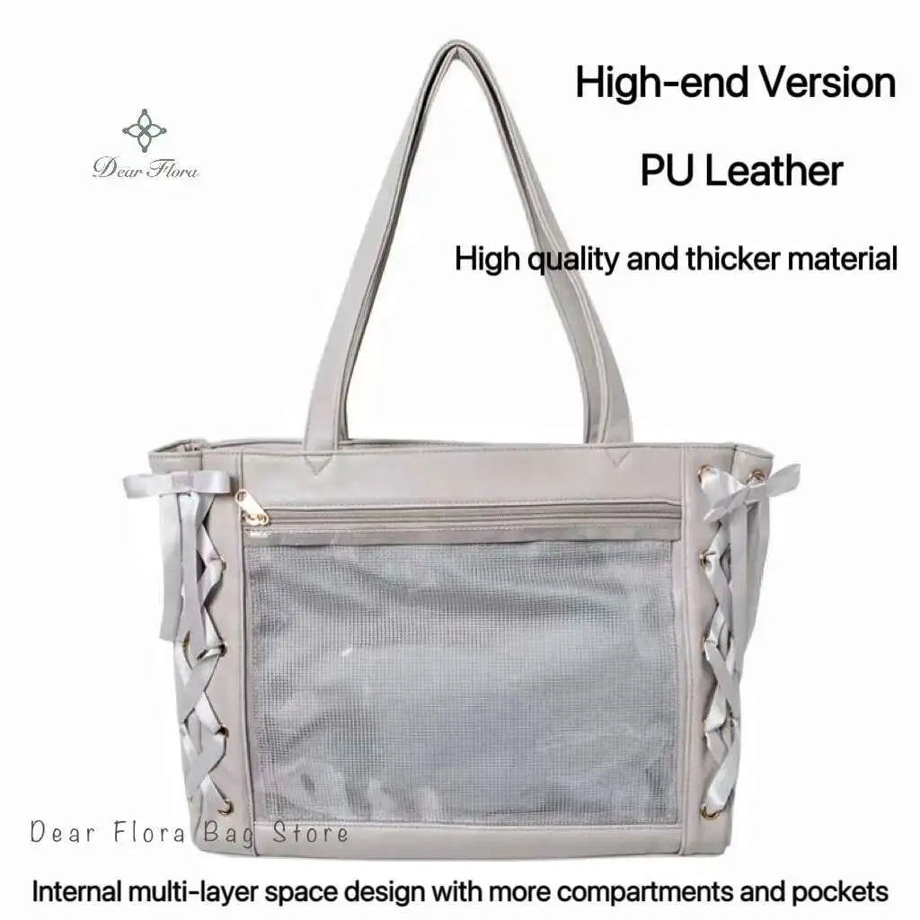 Japanese Sweet Women Ribbon Ita Bag Cute Lolita Girl Transparent Handbags Fashion Large Capacity Tote Bag Aesthetic Shoulder Bag