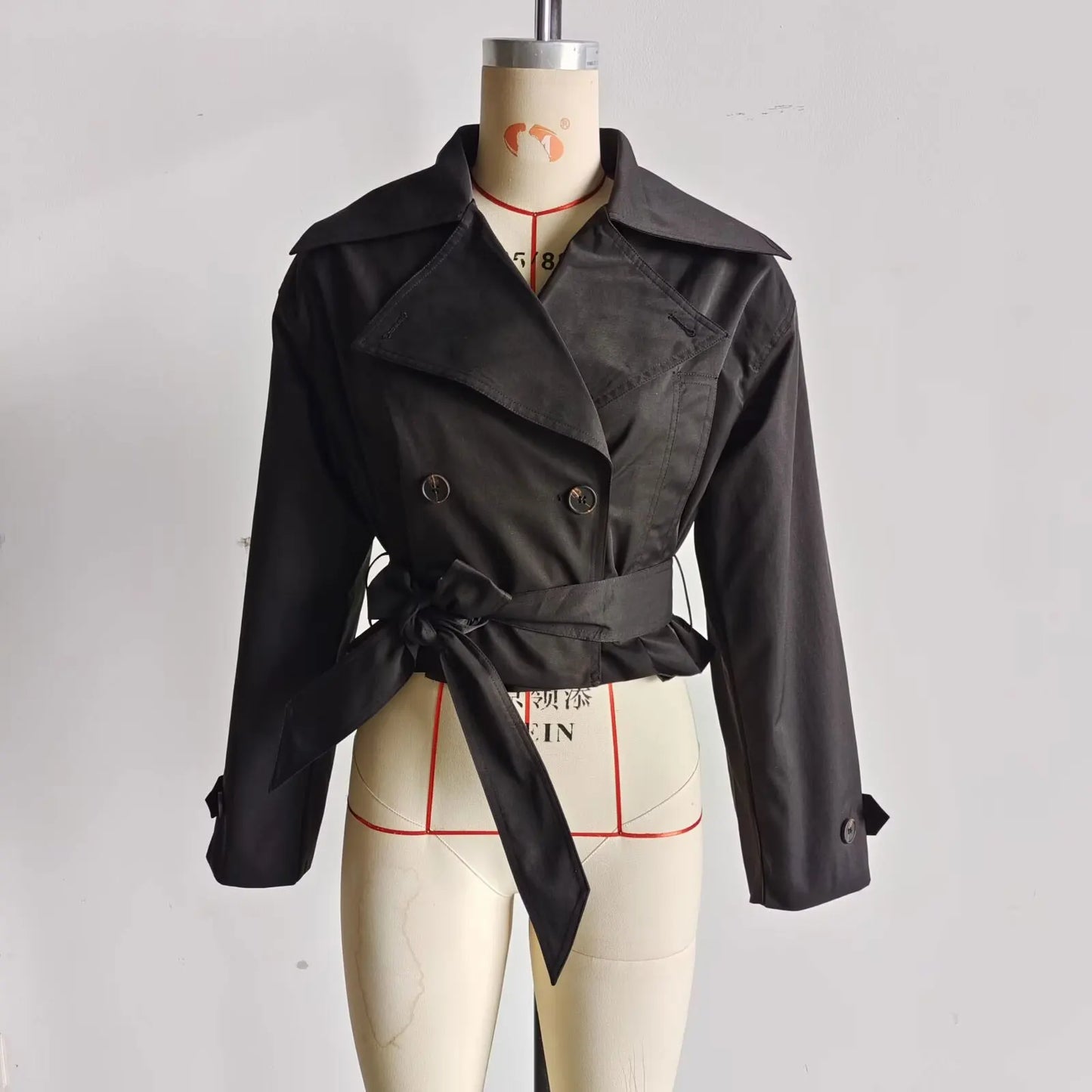 TRAFZA 2025 Spring Retro V-neck Double Breasted Women's Pocket Top Loose Jacket Women's Street Casual Lace-up Short Trench Coat