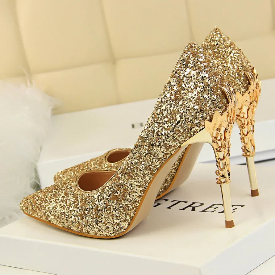 Women 9.5cm High Heels Pumps Lady Wedding Bridal Gold Silver Stiletto Heels Nightclub Event Party Sparkly Sequins Bling Shoes